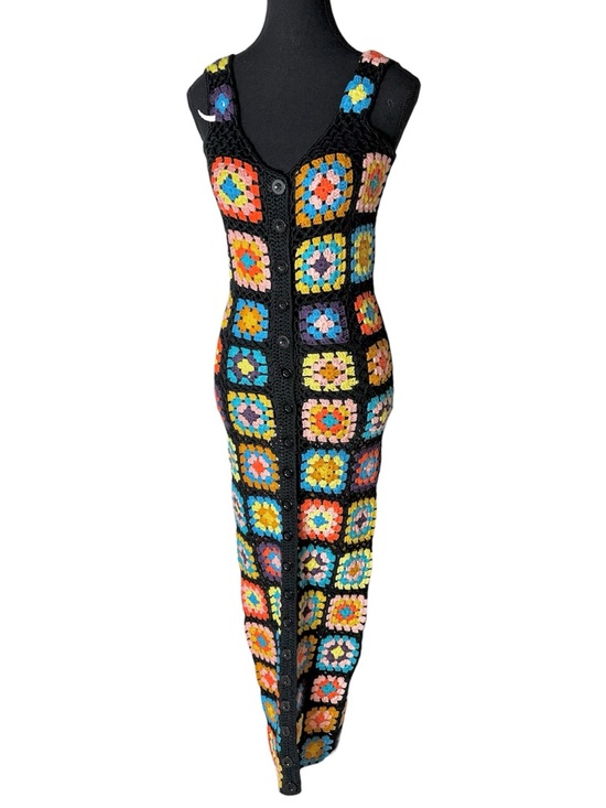 Dresses & Skirts - Crochet Knit Granny Square Button Down Maxi Dress Black Sleeveless Boho Medium